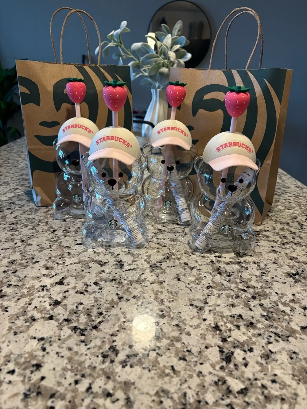 Starbucks Clear Bear Bottle with Pink Cap and Strawberry Straw Set